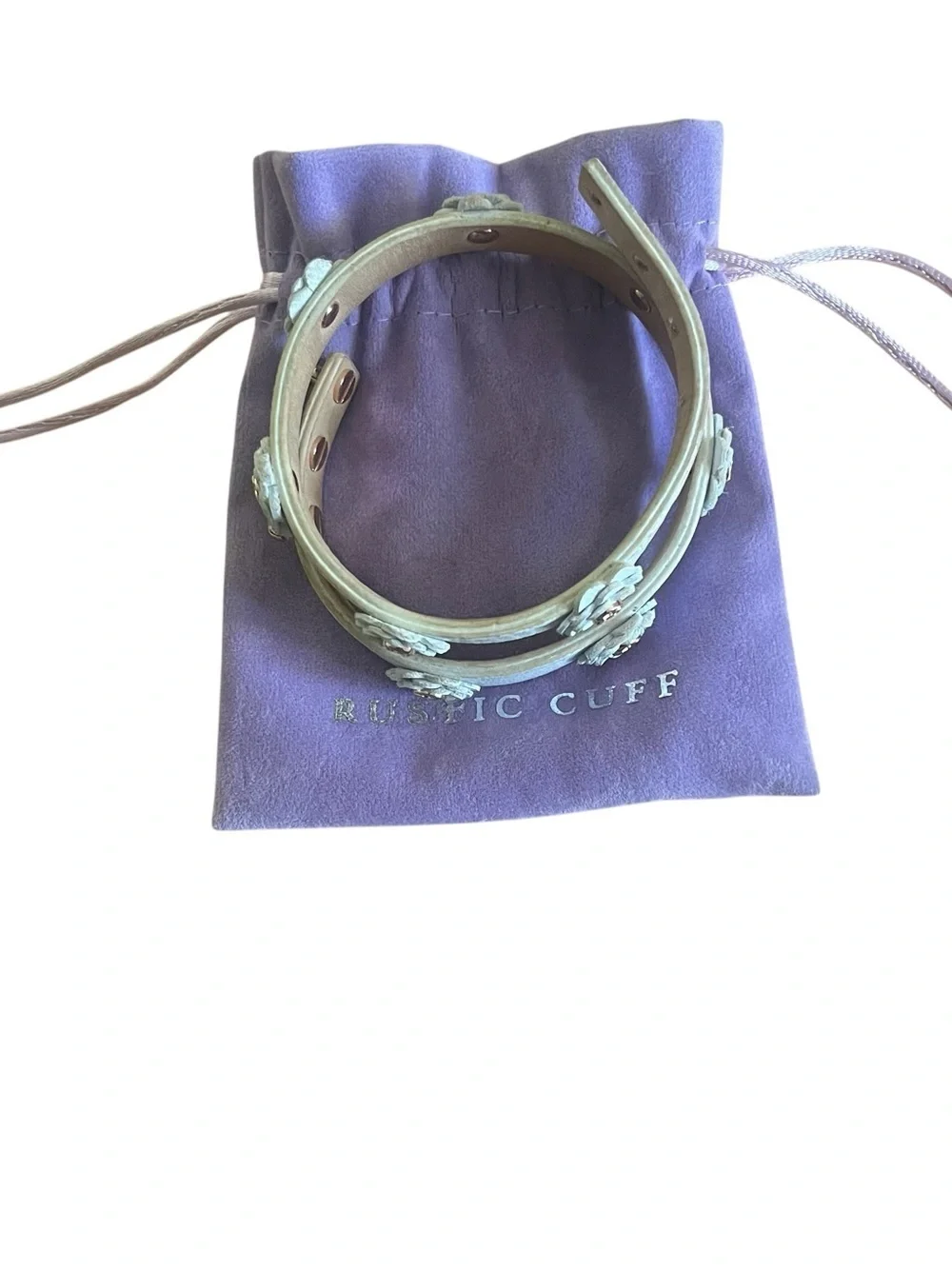 Rustic Cuff White Floral Faux Leather Wrap Around Bracelet